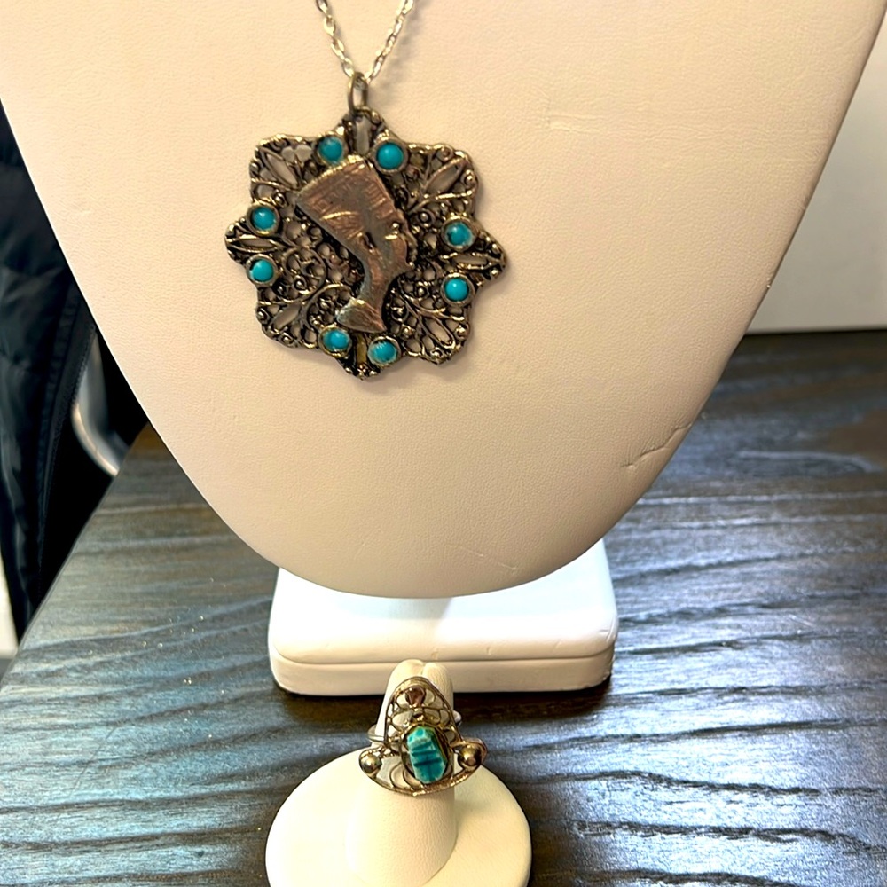 New Egyptian Nefertiti pendent and ring blue scarab stones, ring adjustable